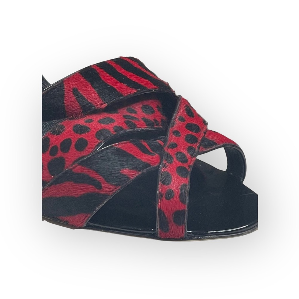 Manolo Blahnik โ Animal Printed Calf Hair Slingback Stiletto Sandals โ Black Red - Picture 11 of 17